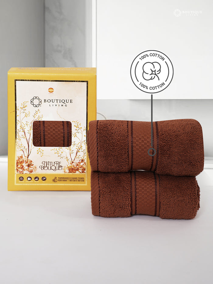 100% Cotton, Brown Hand Towels, Sandalwood Aroma, 525 GSM - Pack of 2 (Nature Bouquet Collection)