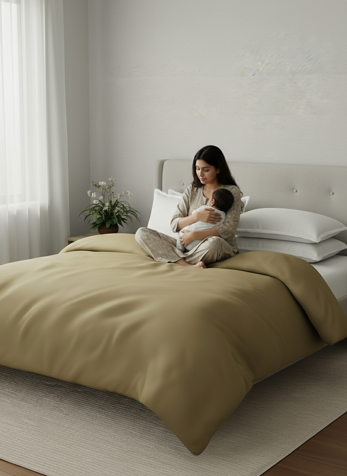 Woman reading to a baby on a bed with beige bedding