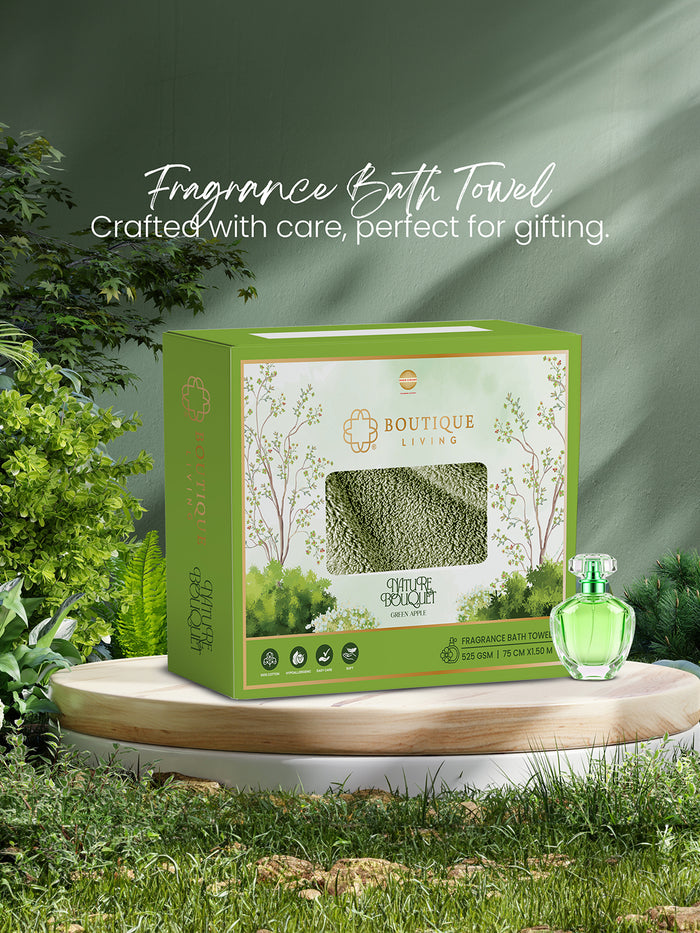 100% Cotton, Green Bath Towel, Green Apple Aroma, 525 GSM (Nature Bouquet Collection)