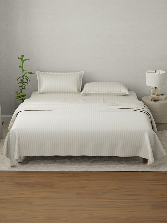 100% Cotton King Bedsheet Set, 210 TC Beige Stripes, Elegant Collection