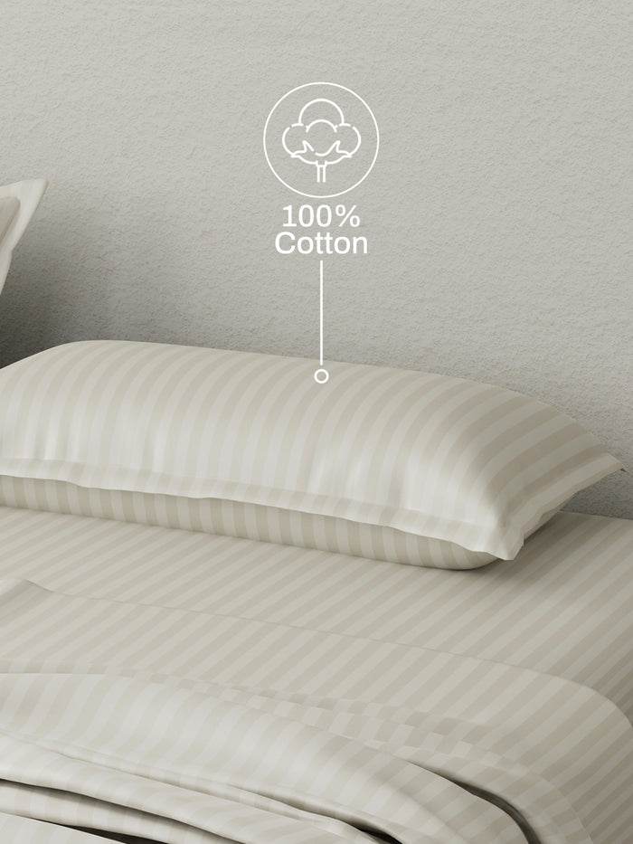 100% Cotton King Bedsheet Set, 210 TC Beige Stripes, Elegant Collection