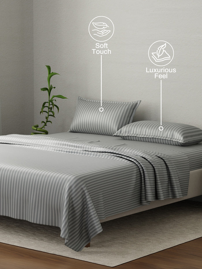 100% Cotton King Bedsheet Set, 210 TC Castle Rock (Grey) Stripes, Elegant Collection