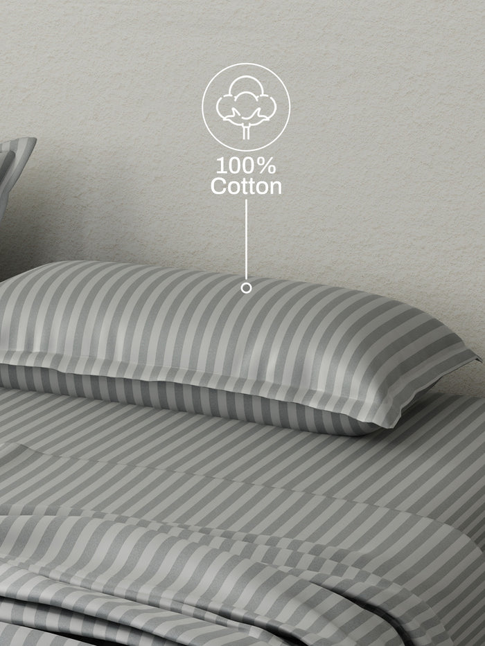 100% Cotton King Bedsheet Set, 210 TC Castle Rock (Grey) Stripes, Elegant Collection