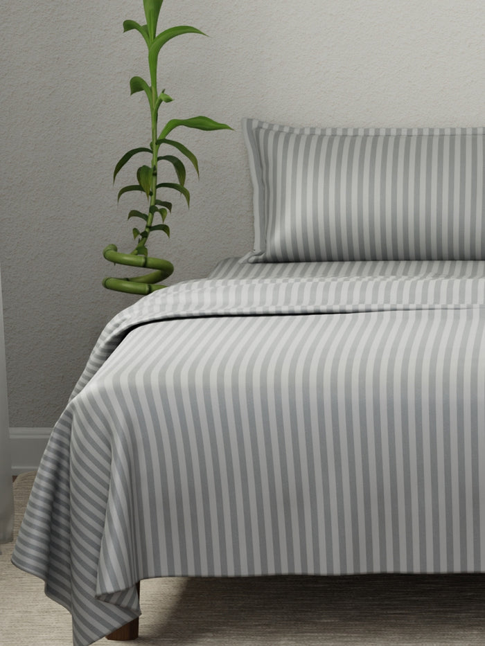 100% Cotton King Bedsheet Set, 210 TC Castle Rock (Grey) Stripes, Elegant Collection