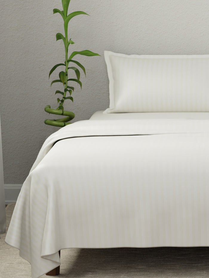 100% Cotton King Bedsheet Set, 210 TC Cream Stripes, Elegant Collection