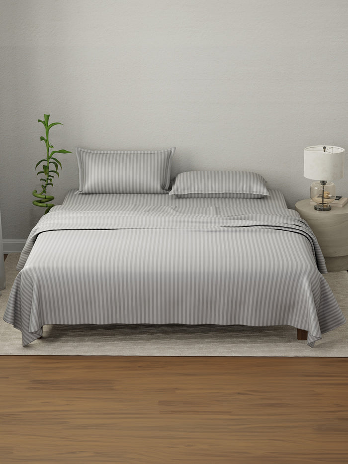 100% Cotton King Bedsheet Set, 210 TC Grey Sky Stripes, Elegant Collection