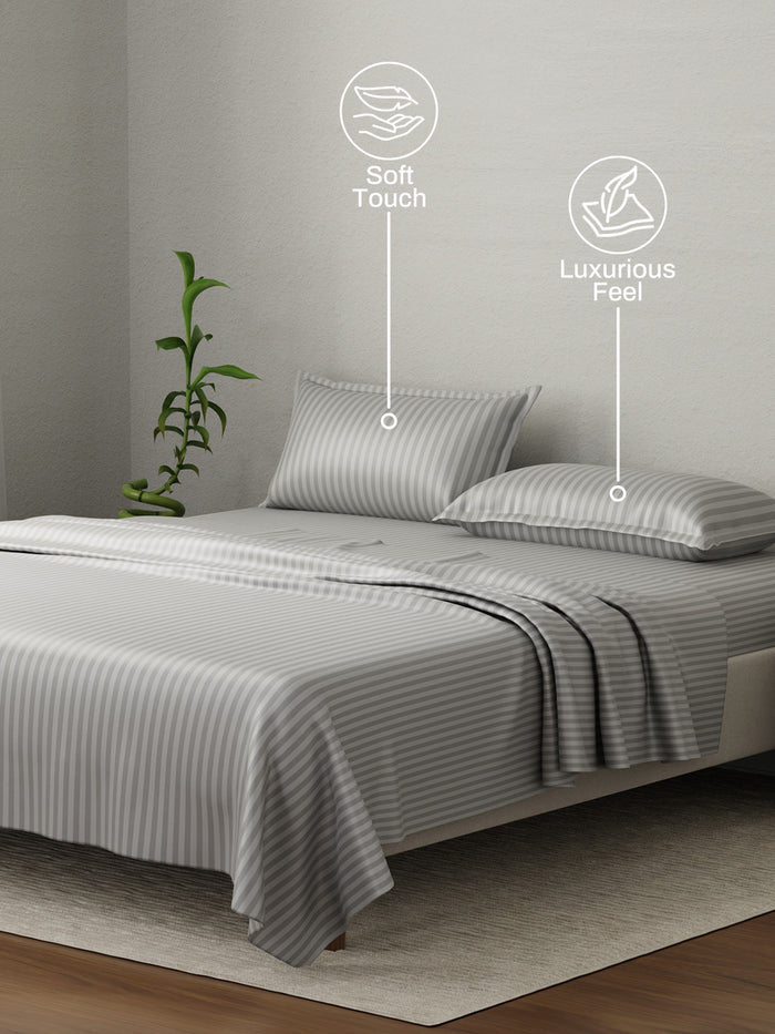 100% Cotton King Bedsheet Set, 210 TC Grey Sky Stripes, Elegant Collection
