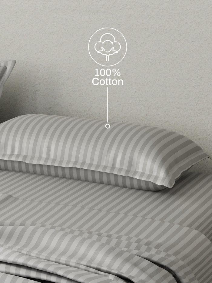 100% Cotton King Bedsheet Set, 210 TC Grey Sky Stripes, Elegant Collection