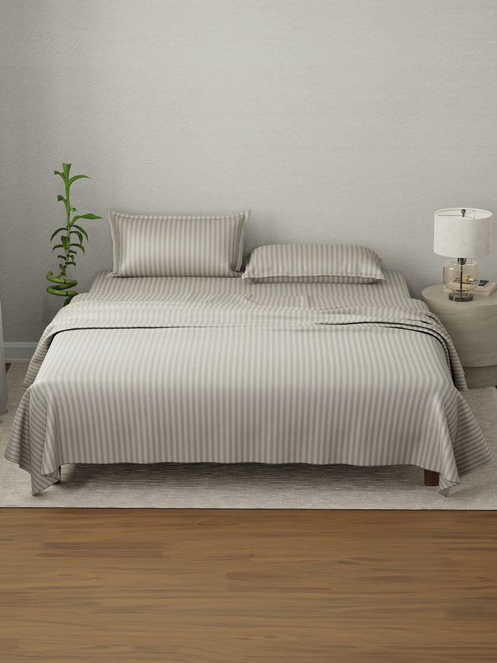 100% Cotton King Bedsheet Set, 210 TC Pumice Stone (Grey) Stripes, Elegant Collection