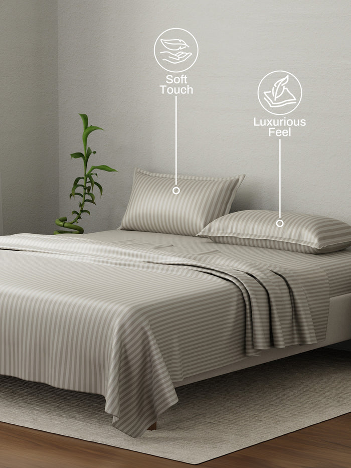 100% Cotton King Bedsheet Set, 210 TC Pumice Stone (Grey) Stripes, Elegant Collection