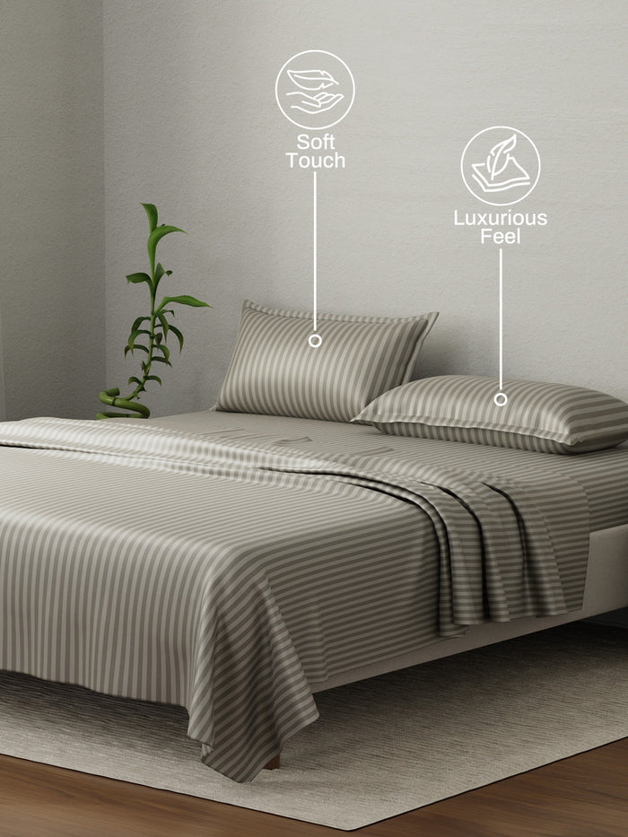 100% Cotton King Bedsheet Set, 210 TC Rock Ridge (Grey) Stripes, Elegant Collection
