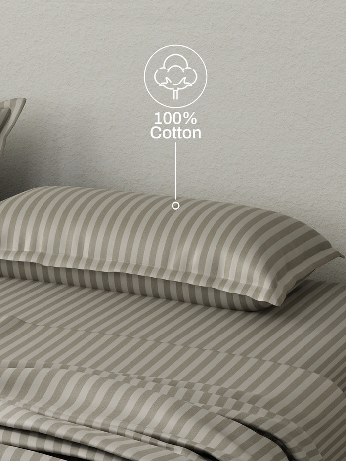100% Cotton King Bedsheet Set, 210 TC Rock Ridge (Grey) Stripes, Elegant Collection