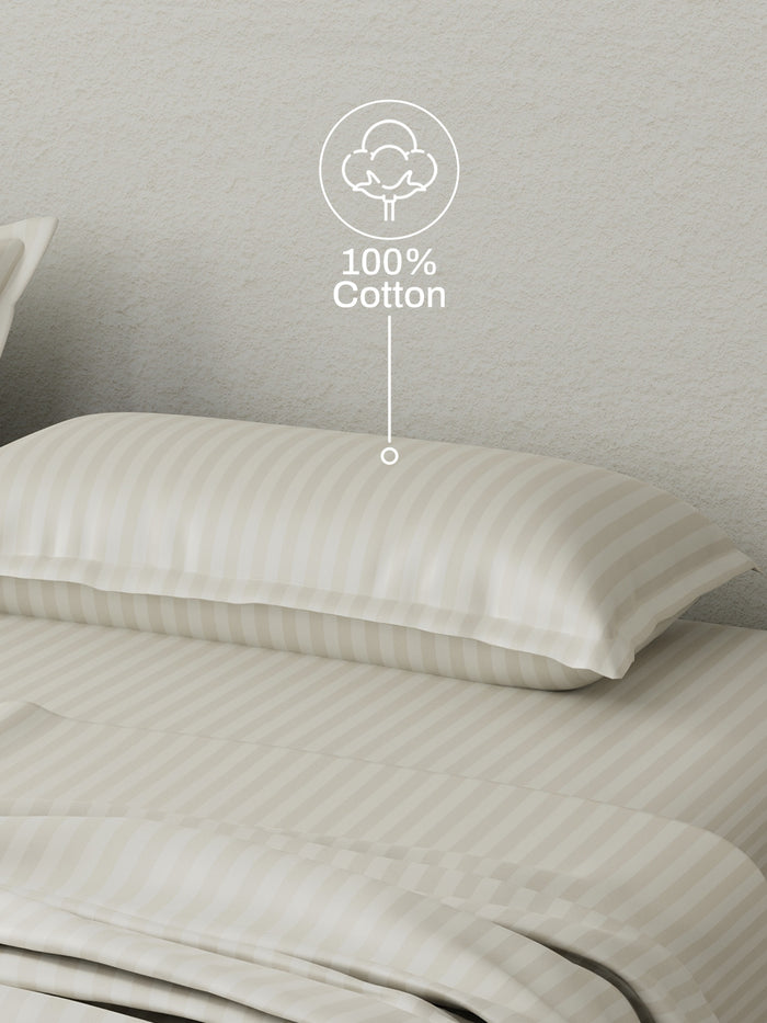 100% Cotton King Bedsheet Set, 210 TC Tan (Light Brown) Stripes, Elegant Collection