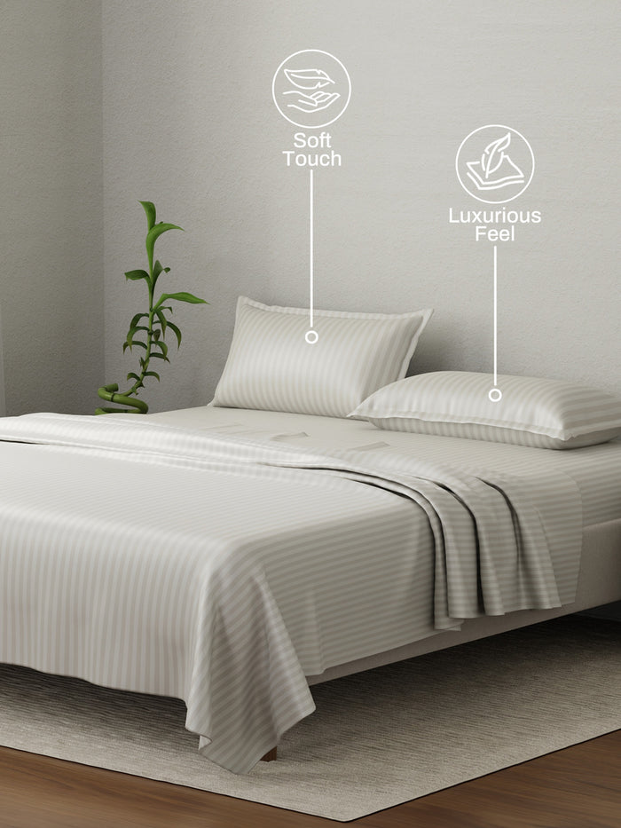 100% Cotton King Bedsheet Set, 210 TC Taupe (Grey) Stripes, Elegant Collection