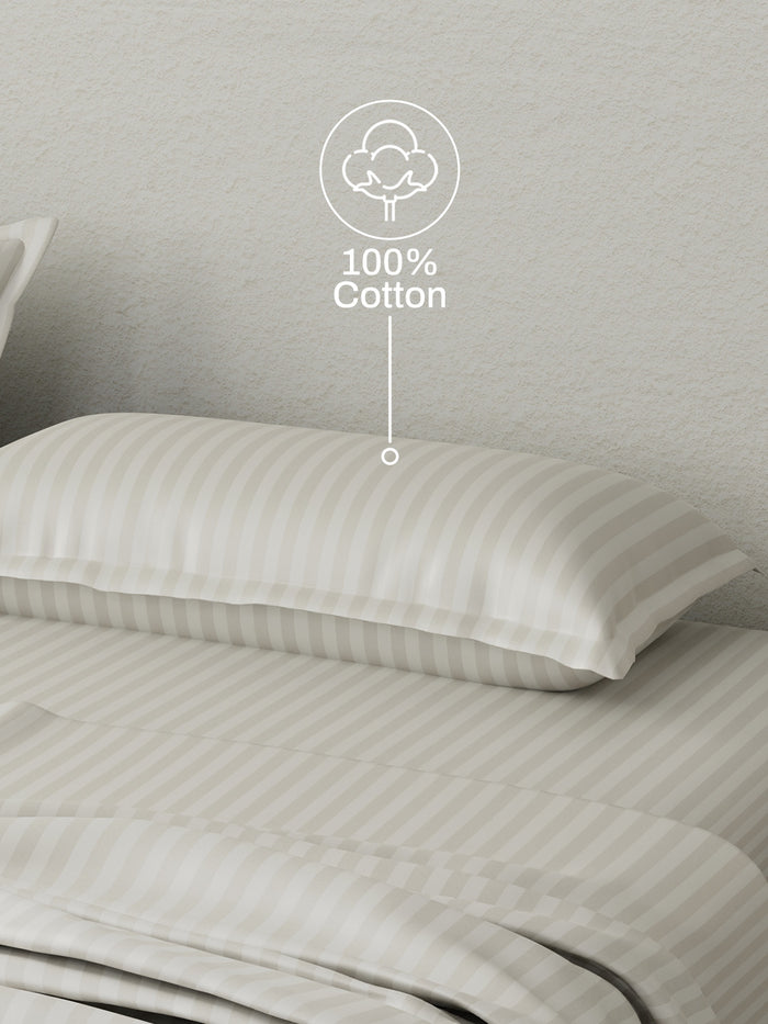 100% Cotton King Bedsheet Set, 210 TC Taupe (Grey) Stripes, Elegant Collection