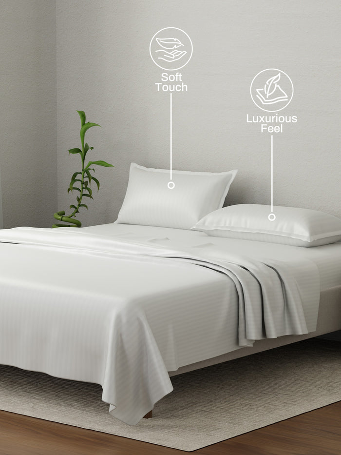 100% Cotton King Bedsheet Set, 210 TC White Stripes, Elegant Collection