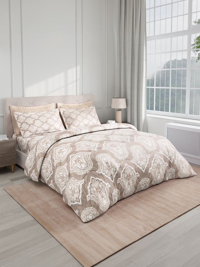 100% Cotton King Bedsheet Set with 4 Pillow Covers & 2 Cushion Covers, 400 TC Grey Ethnic Print, Royal Essence