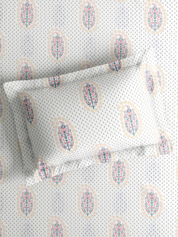 100% Kasturi Cotton King Bedsheet Set, 200 TC White & Grey Floral, Indo Musk