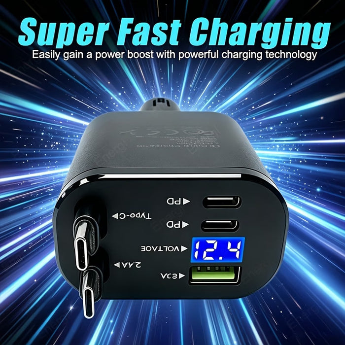 120W Fast Car Charger – Dual Retractable USB-C Cables & Digital Display