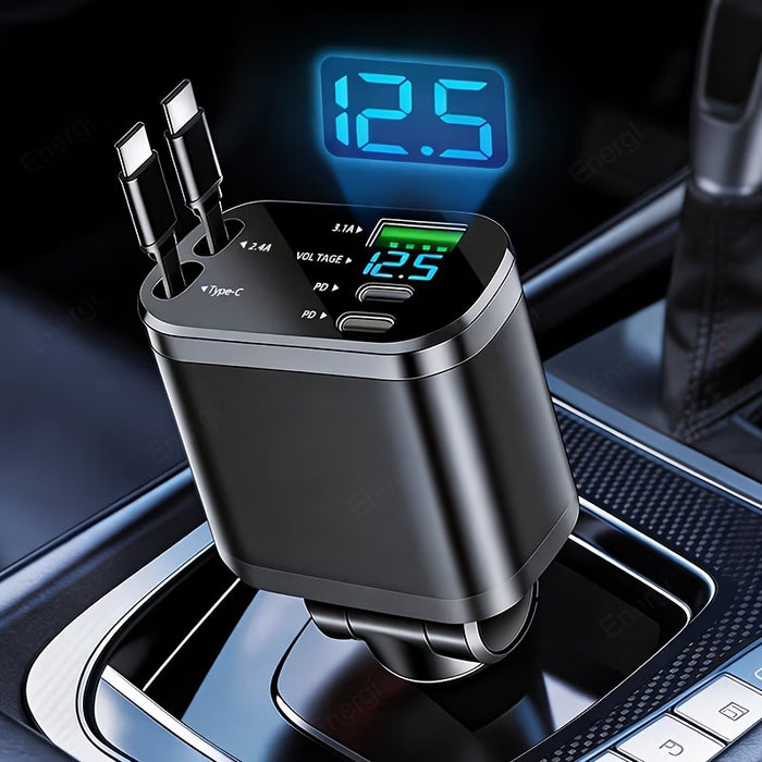 120W Fast Car Charger – Dual Retractable USB-C Cables & Digital Display