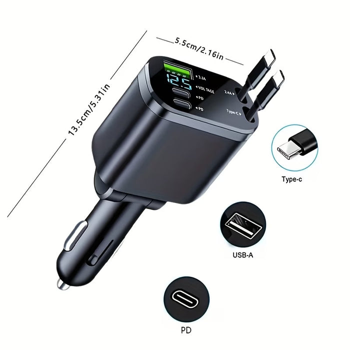 120W Fast Car Charger – Dual Retractable USB-C Cables & Digital Display
