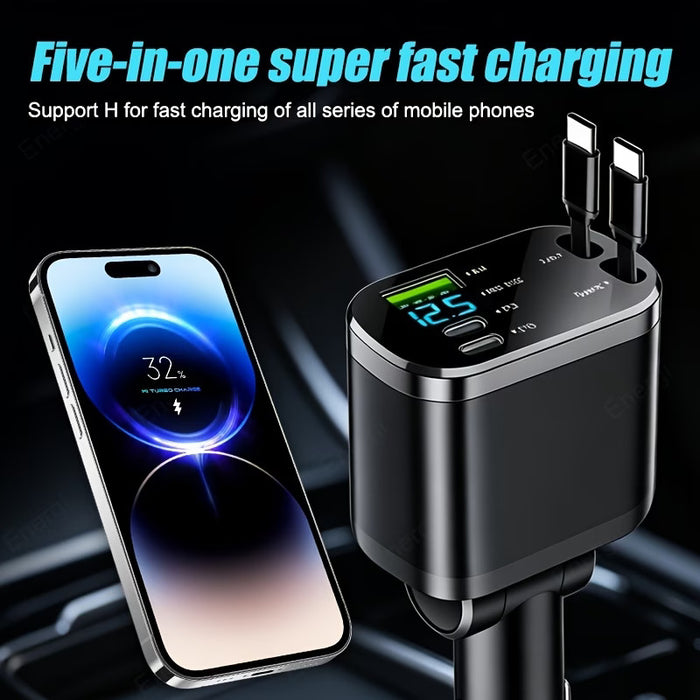 120W Fast Car Charger – Dual Retractable USB-C Cables & Digital Display