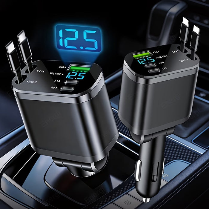 120W Fast Car Charger – Dual Retractable USB-C Cables & Digital Display