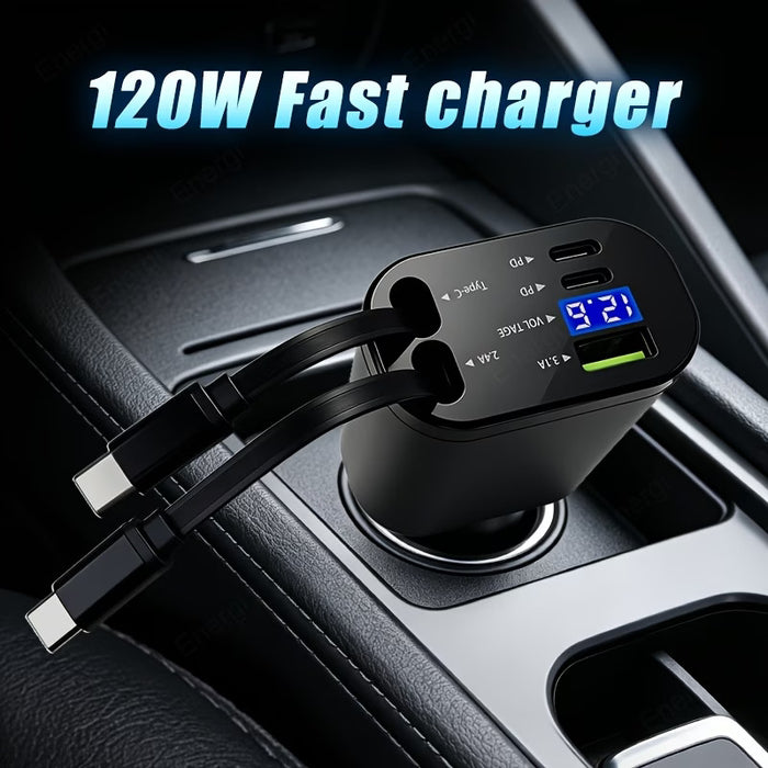 120W Fast Car Charger – Dual Retractable USB-C Cables & Digital Display