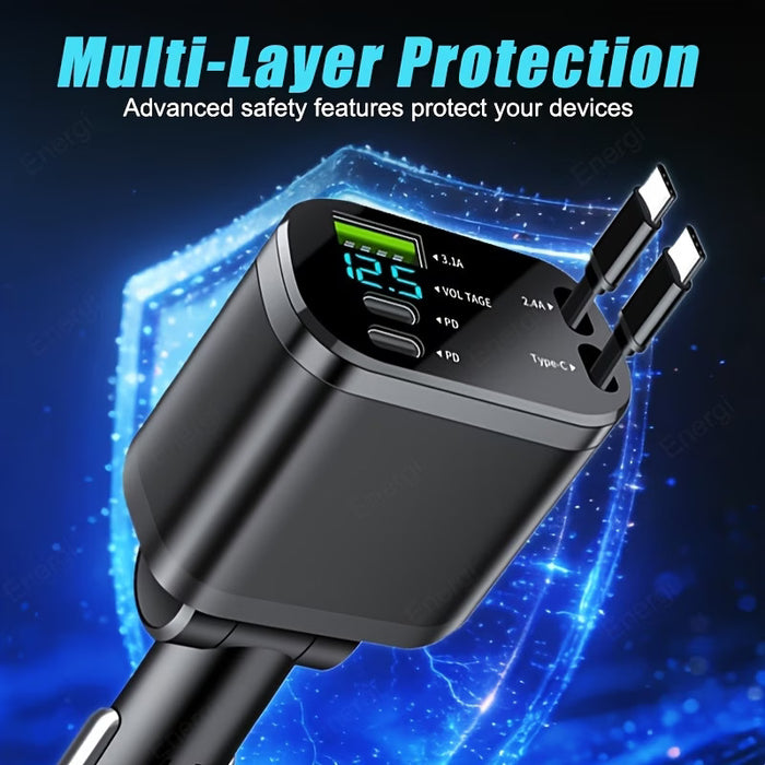 120W Fast Car Charger – Dual Retractable USB-C Cables & Digital Display