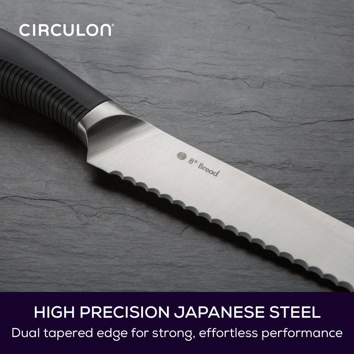 Close up on serrated blade of bread knife. Text reads: High precision Japanese steel with dual tapered edge for strong, effortless performance.