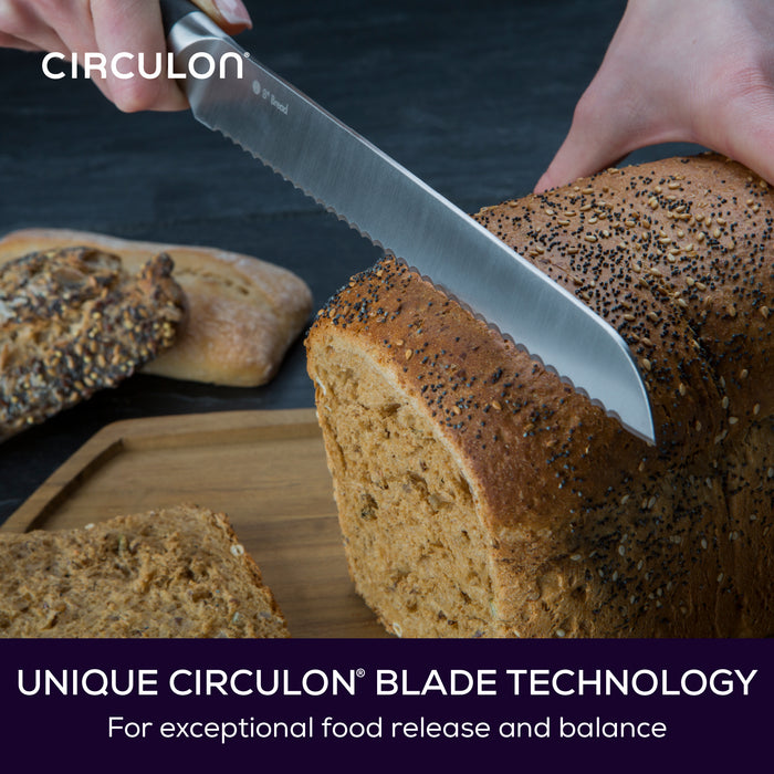 Image shows bread knife slicing loaf of bread. Text reads: Unique Circulon Blade Technology for exceptional food release and balance.