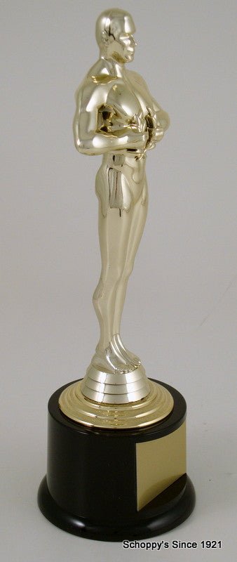 A gold-tone Achievement figurine trophies on black bases with blank gold nameplates, arranged by size on a light gray background.
