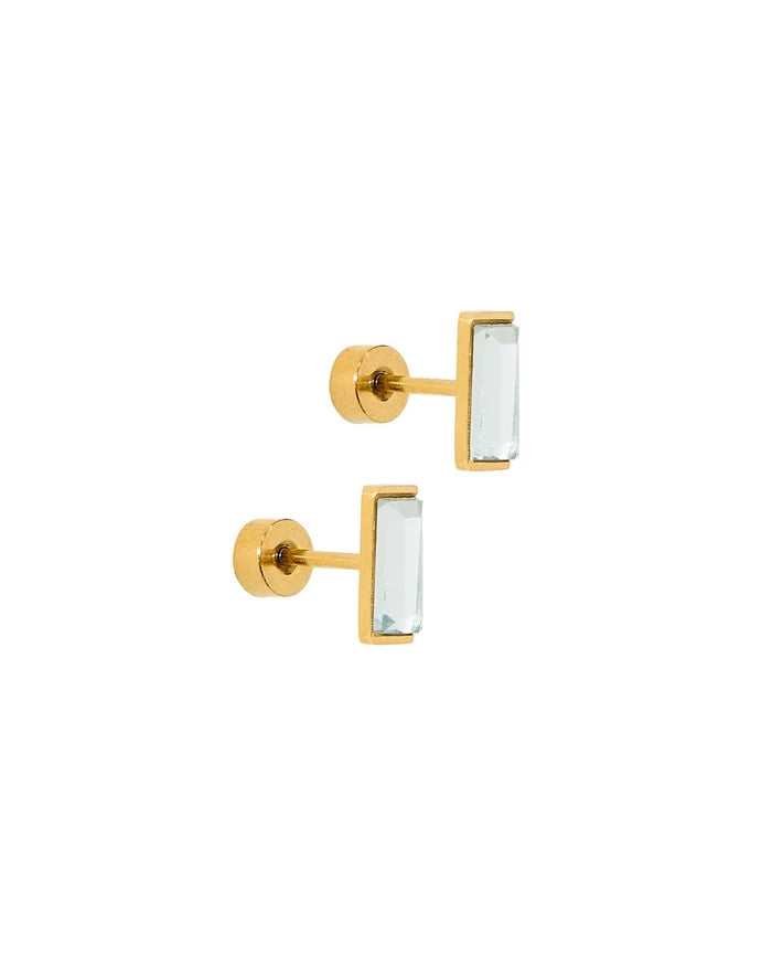 Amber Gold Screwback Stud Earrings with 8mm rectangular cubic zirconia in a gold-tone stainless steel flat-back screw setting for sensitive ears.