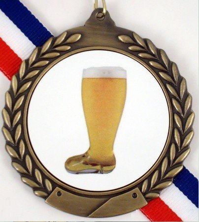 A bronze-colored medal featuring a central illustration of a tall boot shaped glass of beer with foam, surrounded by a laurel wreath, with a red, white, and blue ribbon attached.