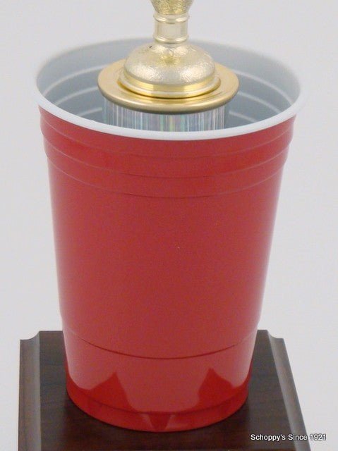 Plastic Beer Pong Red Cup figure on a square wood base holding up a trophy column