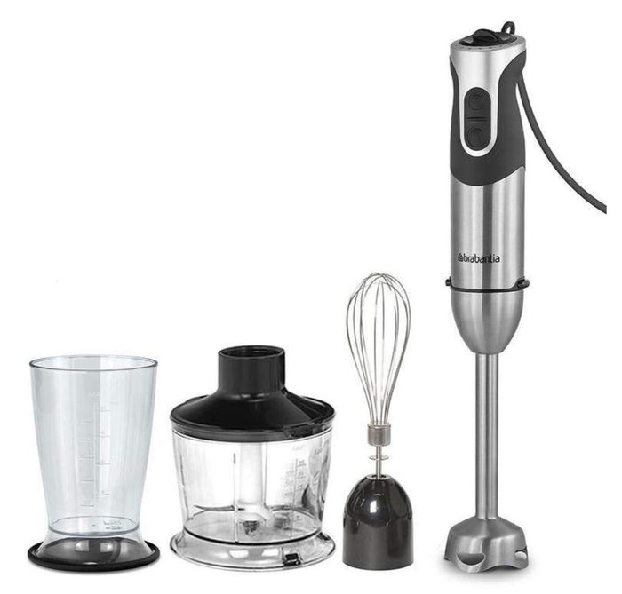 Brabantia 1000W Electric Hand Stick Blender with Beaker, Whisk & Chopping Bowl – Silver