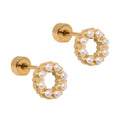 Brinley Pearl Circle Screwback Stud Earrings featuring an open circle of petite white pearls in a gold waterproof flat-back stainless steel setting.