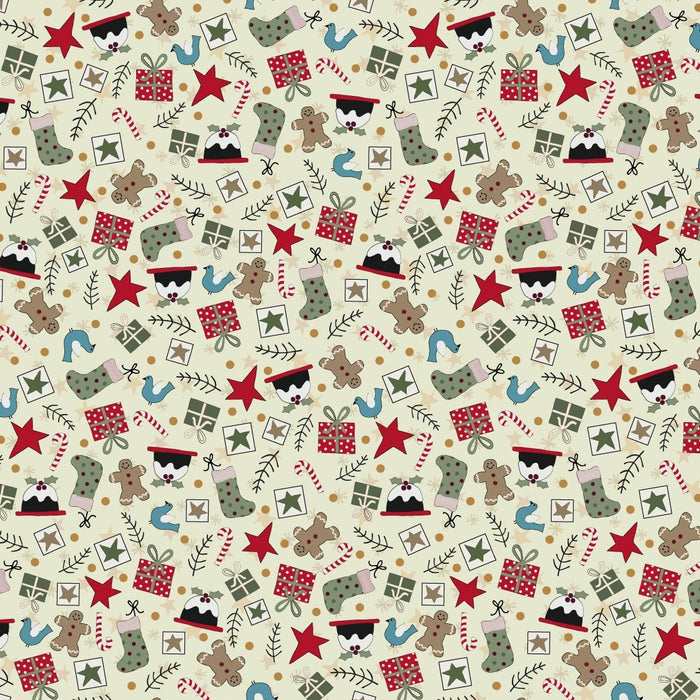 Christmas Traditions 81690-3 - white cotton with small Christmas art: gifts, gingerbread men, stockings, plum pudding