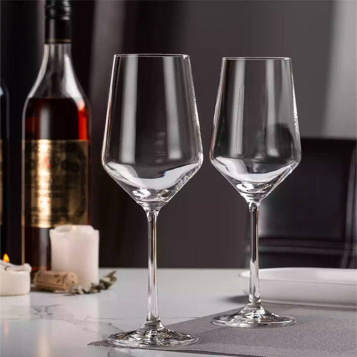 Classic wine glass with a long stem and wide bowl.