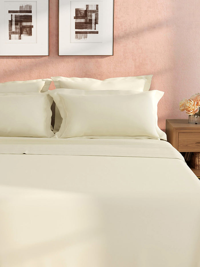 Cotton Charm 100% Cotton 400 TC King Bedsheet with 4 Pillow Covers | Cream Dyed Solid Bedsheet Set