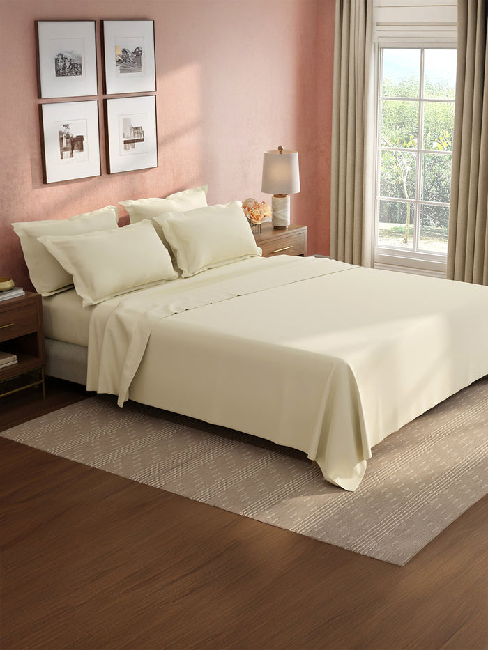 Cotton Charm 100% Cotton 400 TC King Bedsheet with 4 Pillow Covers | Cream Dyed Solid Bedsheet Set
