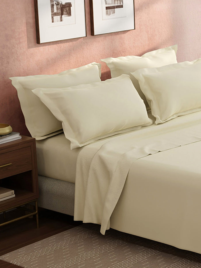 Cotton Charm 100% Cotton 400 TC King Bedsheet with 4 Pillow Covers | Cream Dyed Solid Bedsheet Set