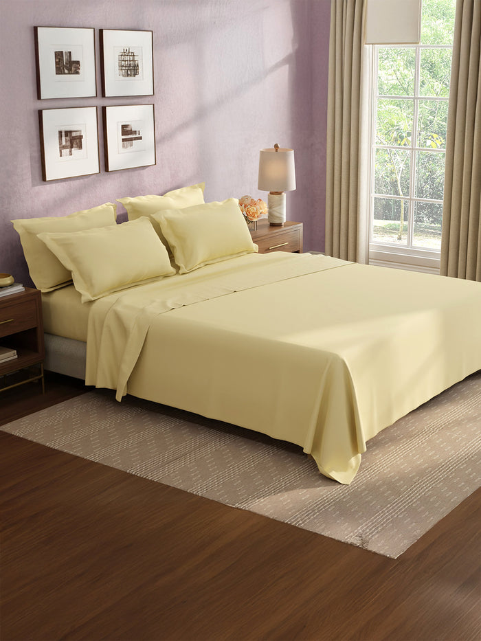Cotton Charm 100% Cotton 400 TC King Bedsheet with 4 Pillow Covers | Yellow Dyed Solid Bedsheet Set