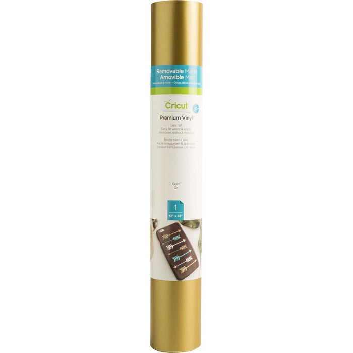 Cricut - Vinyl 12"X48" Roll - Gold. Ideal for making removable decals, labels, home decor, media covers and other DIY projects! Cut intricate images that adhere but leave behind no stubborn residue. This package contains one 12x48 inch roll of vinyl. Imported. Available at Embellish Away located in Bowmanville Ontario Canada.