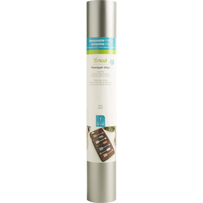Cricut - Vinyl 12"X48" Roll - Silver. Ideal for making removable decals, labels, home decor, media covers and other DIY projects! Cut intricate images that adhere but leave behind no stubborn residue. This package contains one 12x48 inch roll of vinyl. Imported. Available at Embellish Away located in Bowmanville Ontario Canada.