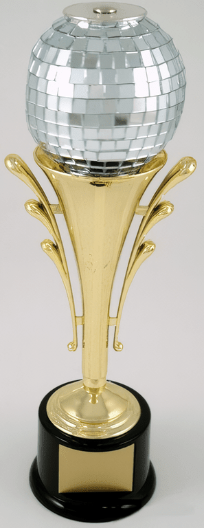 A disco ball trophy with a silver mirrored ball on a gold stem, mounted on a black round base with a gold plaque, photographed against a light gray background.