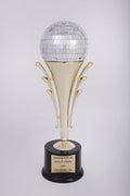 A trophy featuring a black round base with a gold-colored riser, holding a 4 inch mirror disco ball, and includes a plate with engraving.