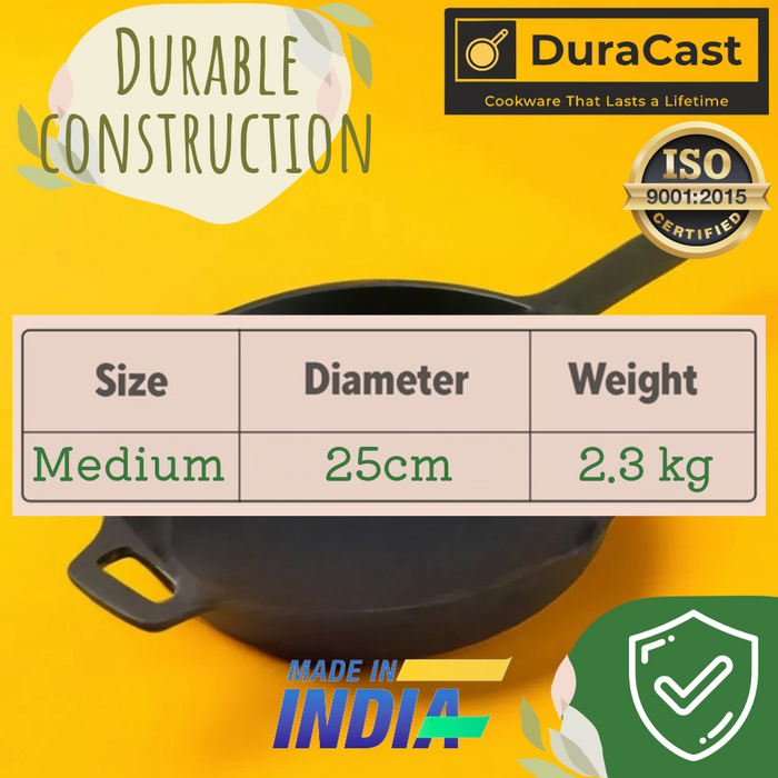 DuraCast India Combo of Cast Iron 30cm Tawa, 25cm Skillet and 24cm Kadhai