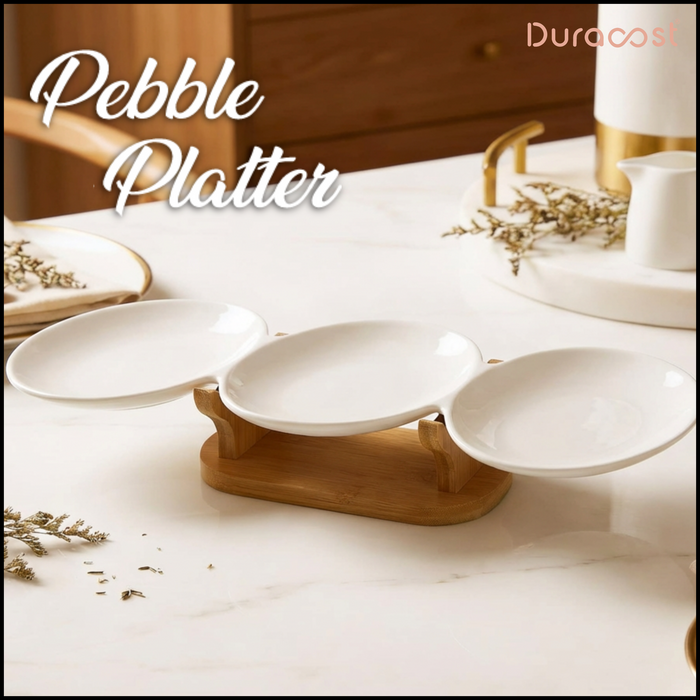 DuraCast® Pebble Platter – 3-Section Ceramic Serving Platter with Bamboo Base