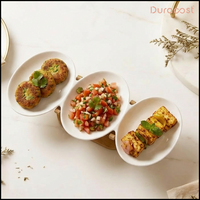 DuraCast® Pebble Platter – 3-Section Ceramic Serving Platter with Bamboo Base